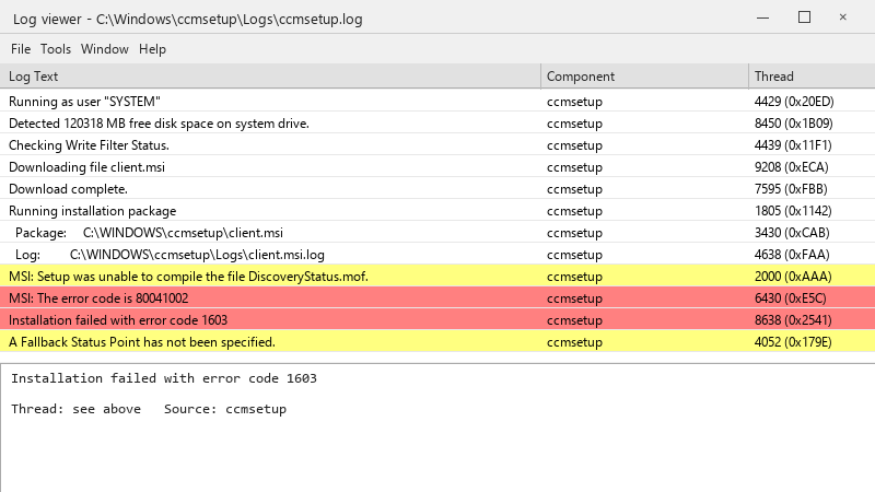 Log viewer - C:\Windows\ccmsetup\Logs\ccmsetup.log